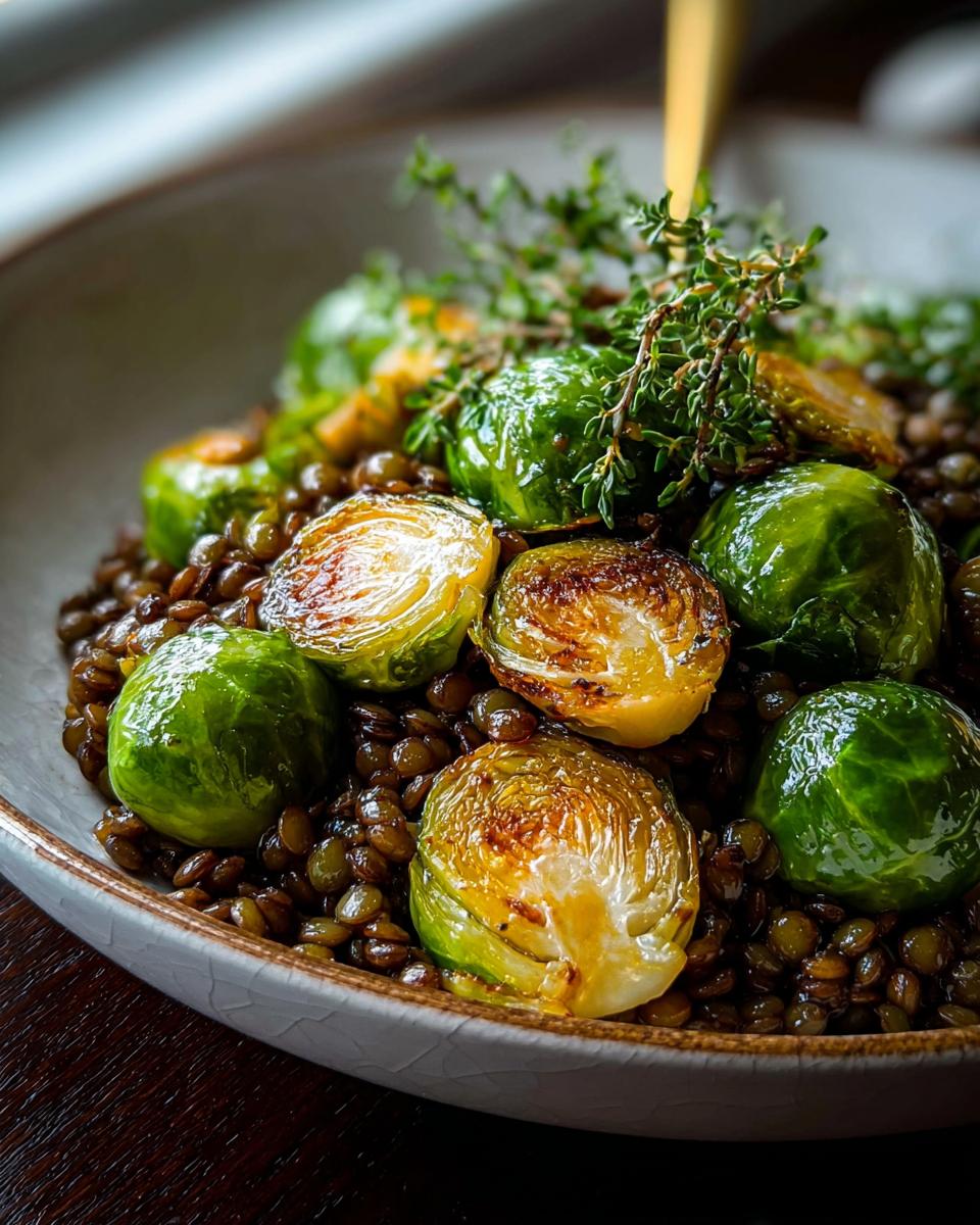 Nahaufnahme von Gebratener Rosenkohl mit Berglinsen, garniert mit frischem Thymian.