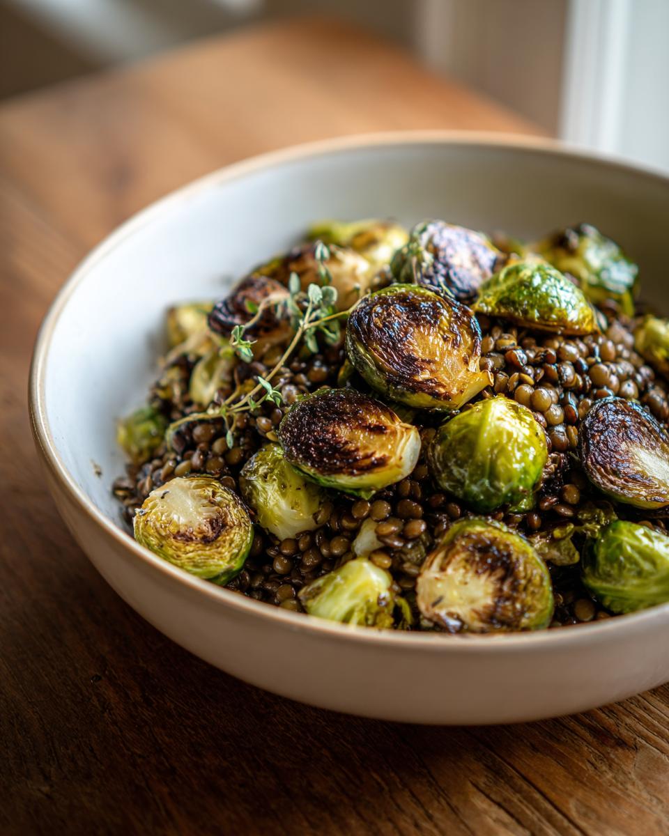 Gebratener Rosenkohl mit Berglinsen, garniert mit Thymian, in einer hellen Schüssel auf Holz.