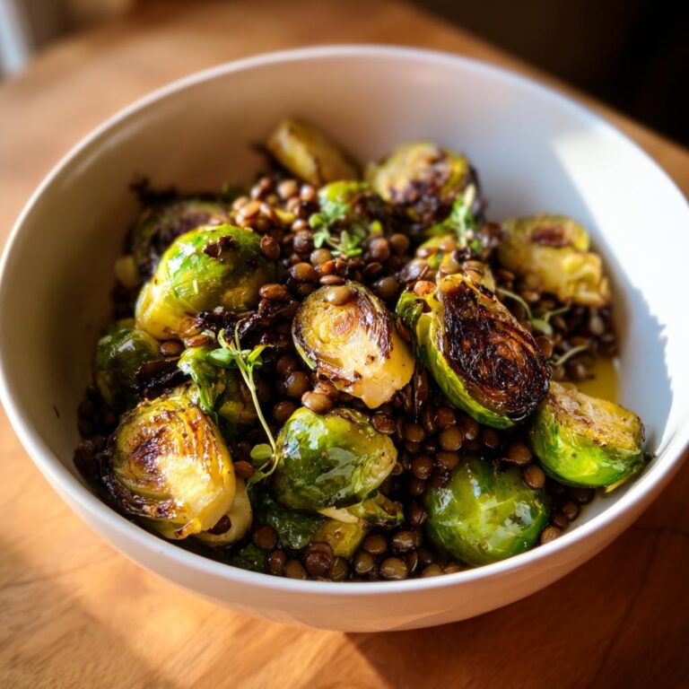 Nahaufnahme von Gebratener Rosenkohl mit Berglinsen, garniert mit frischen Kräutern in einer weißen Schüssel.