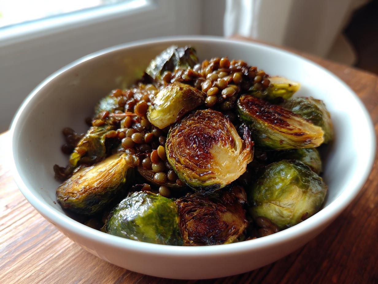 Gebratener Rosenkohl mit Berglinsen in einer weißen Schüssel, leicht karamellisiert.