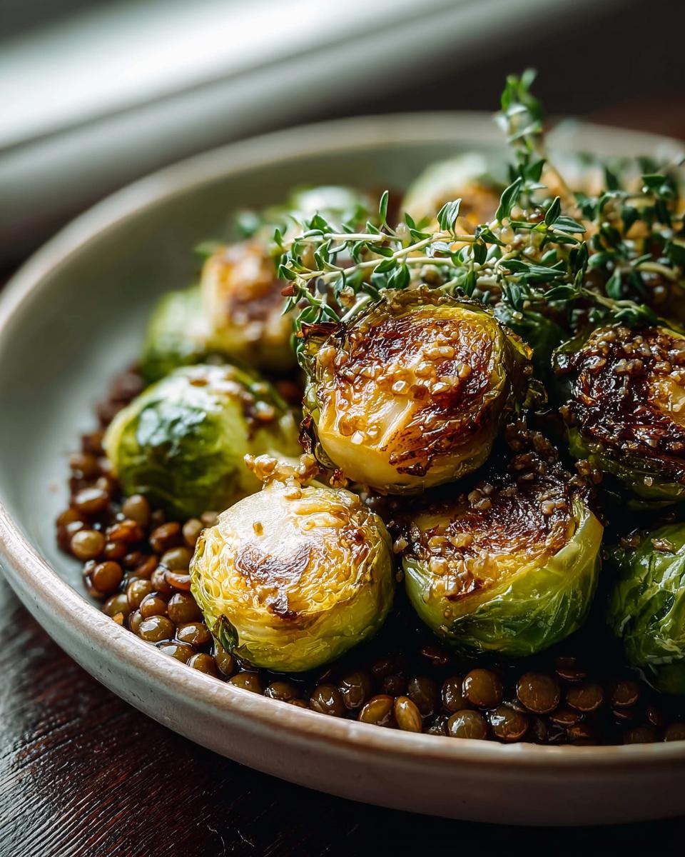 Nahaufnahme von gebratenem Rosenkohl mit Berglinsen und frischem Thymian.