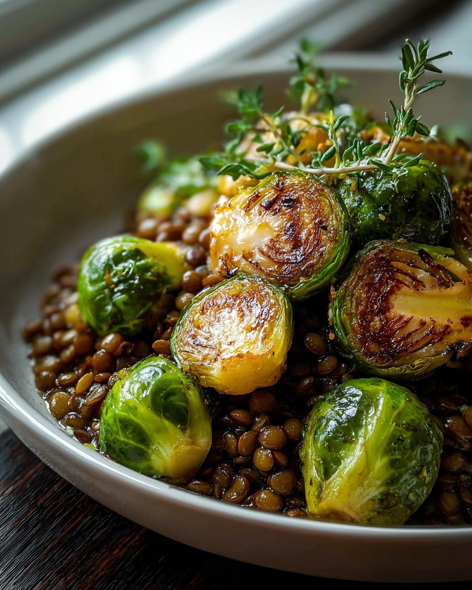 Nahaufnahme von gebratenem Rosenkohl mit Berglinsen, garniert mit frischen Kräutern.