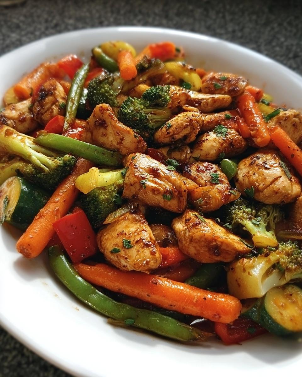 Nahaufnahme einer fertigen Gemüsepfanne mit Huhn, bestehend aus gebratenen Hähnchenstücken, Karotten, Brokkoli und grünen Bohnen.