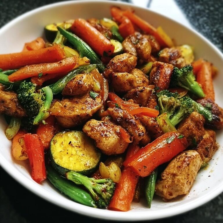 Nahaufnahme einer fertigen Gemüsepfanne mit Huhn, bestehend aus gebratenen Hähnchenstücken, Karotten, Zucchini und Brokkoli in einer weißen Schüssel.