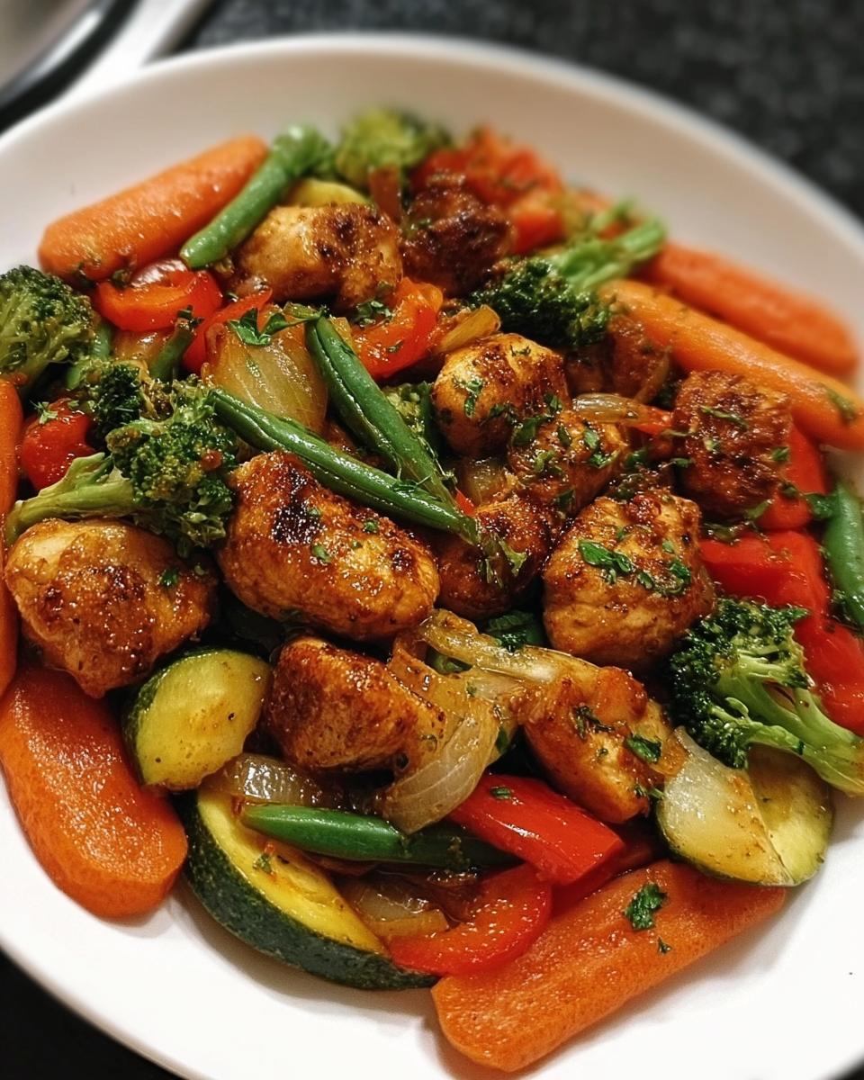 Nahaufnahme einer fertigen Gemüsepfanne mit Huhn, bestehend aus gebratenen Hähnchenstücken, Karotten, Zucchini, Brokkoli und Paprika.