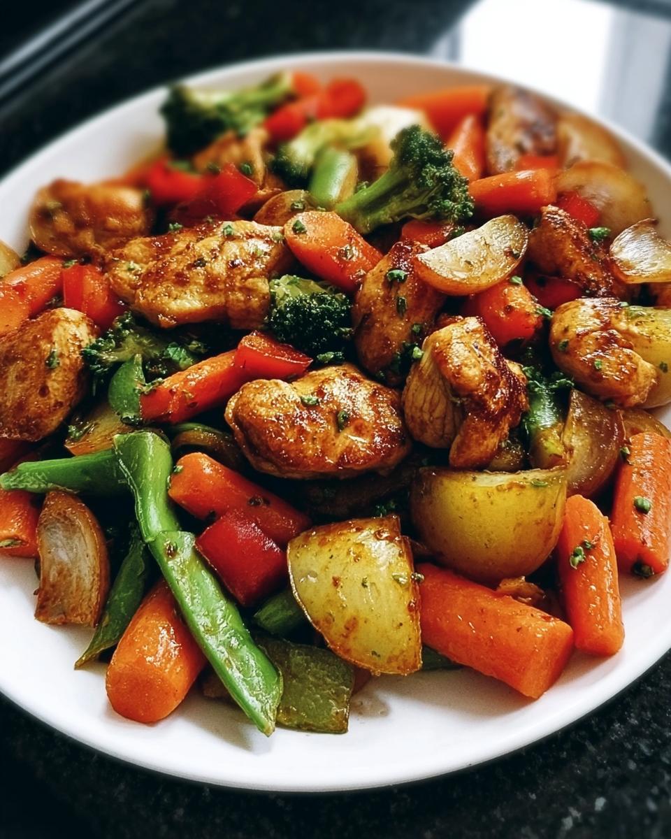 Nahaufnahme einer fertigen Gemüsepfanne mit Huhn, bestehend aus gebratenen Hähnchenstücken, Karotten, Brokkoli, Kartoffeln und Paprika.