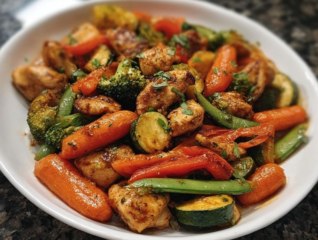 Nahaufnahme einer leckeren Gemüsepfanne mit Huhn, Karotten, Zucchini und Brokkoli, garniert mit Petersilie.