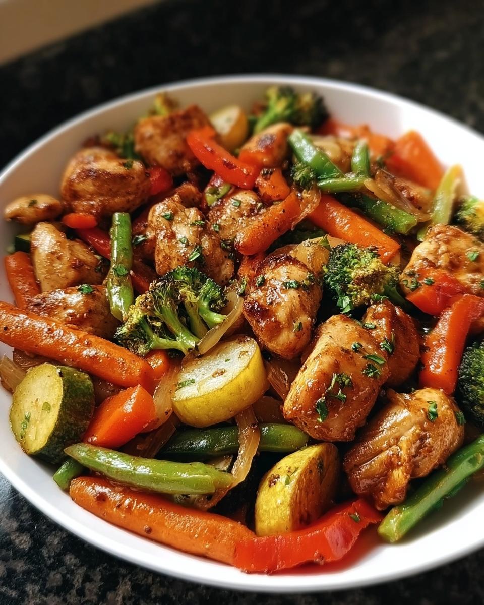 Nahaufnahme einer fertigen Gemüsepfanne mit Huhn, bestehend aus gebratenen Hähnchenstücken, Karotten, Zucchini, Brokkoli und Paprika.