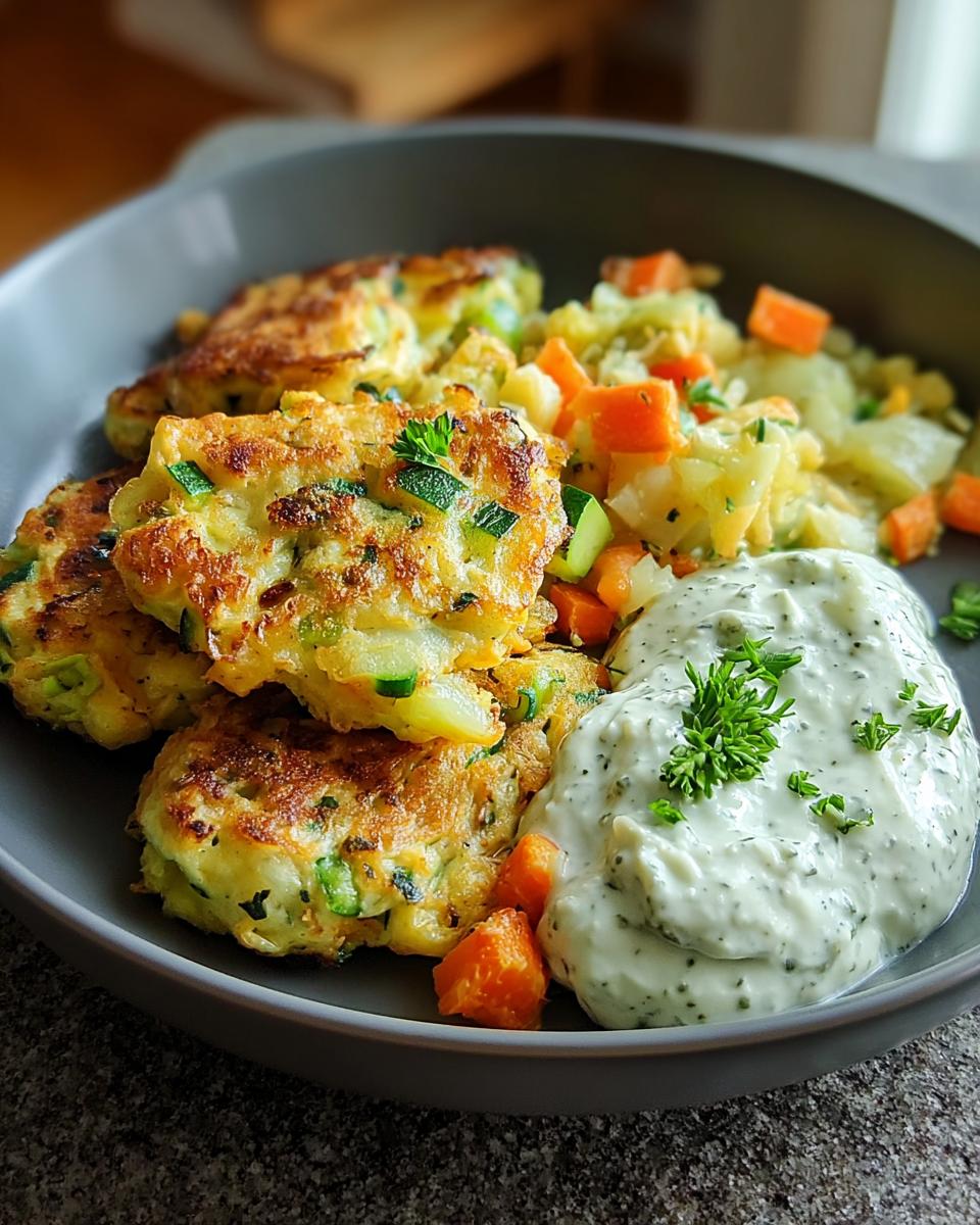 Close-up of golden-brown Gemüseschmarrn mit Kräuterdip served with diced carrots and creamy herb dip.