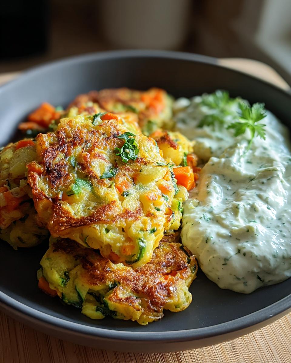 Goldbraun gebratene Gemüseschmarrn mit Kräuterdip auf einem dunklen Teller.