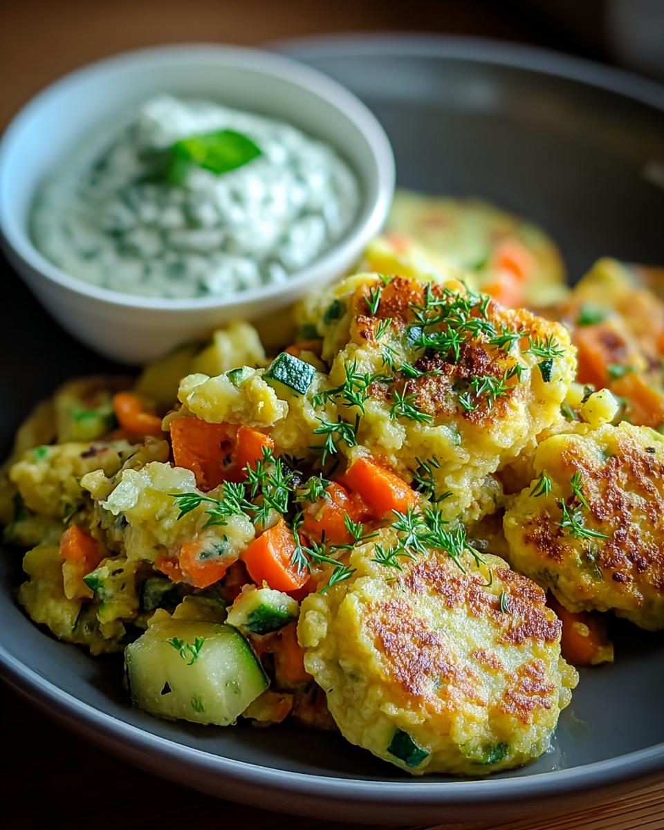 Gebratene Stücke von Gemüseschmarrn mit Karotten und Zucchini, garniert mit Kräutern, serviert mit einem Kräuterdip.