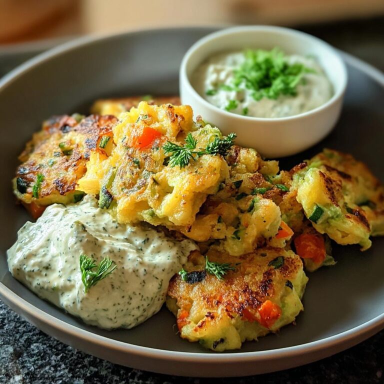 Eine Portion goldbraun gebratener Gemüseschmarrn mit Kräuterdip auf einem grauen Teller.
