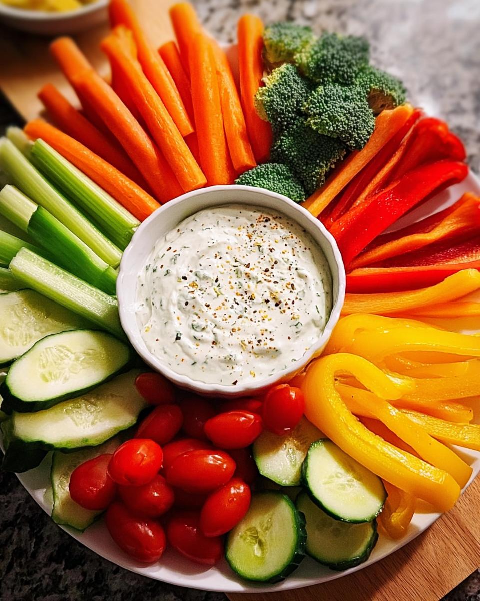 Bunte Anordnung von geschnittenem Gemüse für einen Car Veggie Tray, serviert mit einem cremigen Kräuterdip in der Mitte.