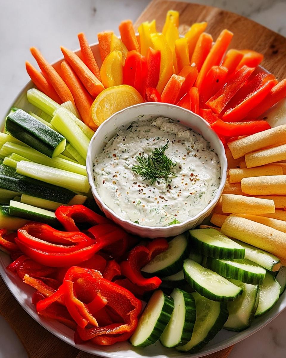Ein buntes Car Veggie Tray mit Karotten, Gurken, Paprika und einem cremigen Kräuterdip in der Mitte.