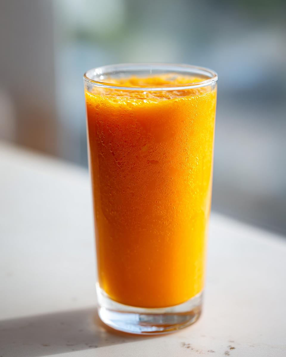 Nahaufnahme eines hohen Glases mit leuchtend orangefarbenem Cholesterin-Killer-Saft, leicht schaumig an der Oberfläche.