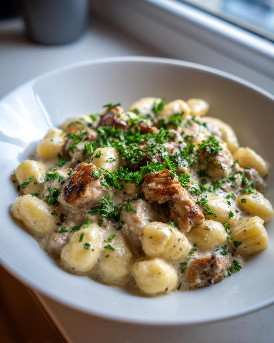 Close-up of creamy Gnocchi z Kurczakiem topped with fresh parsley in a white bowl.