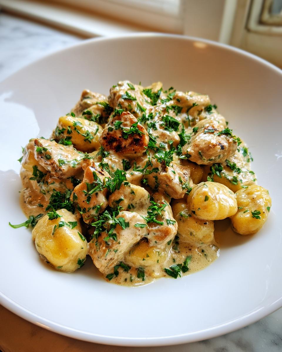 Close-up of Gnocchi z Kurczakiem served in a creamy sauce and topped with fresh chopped parsley.