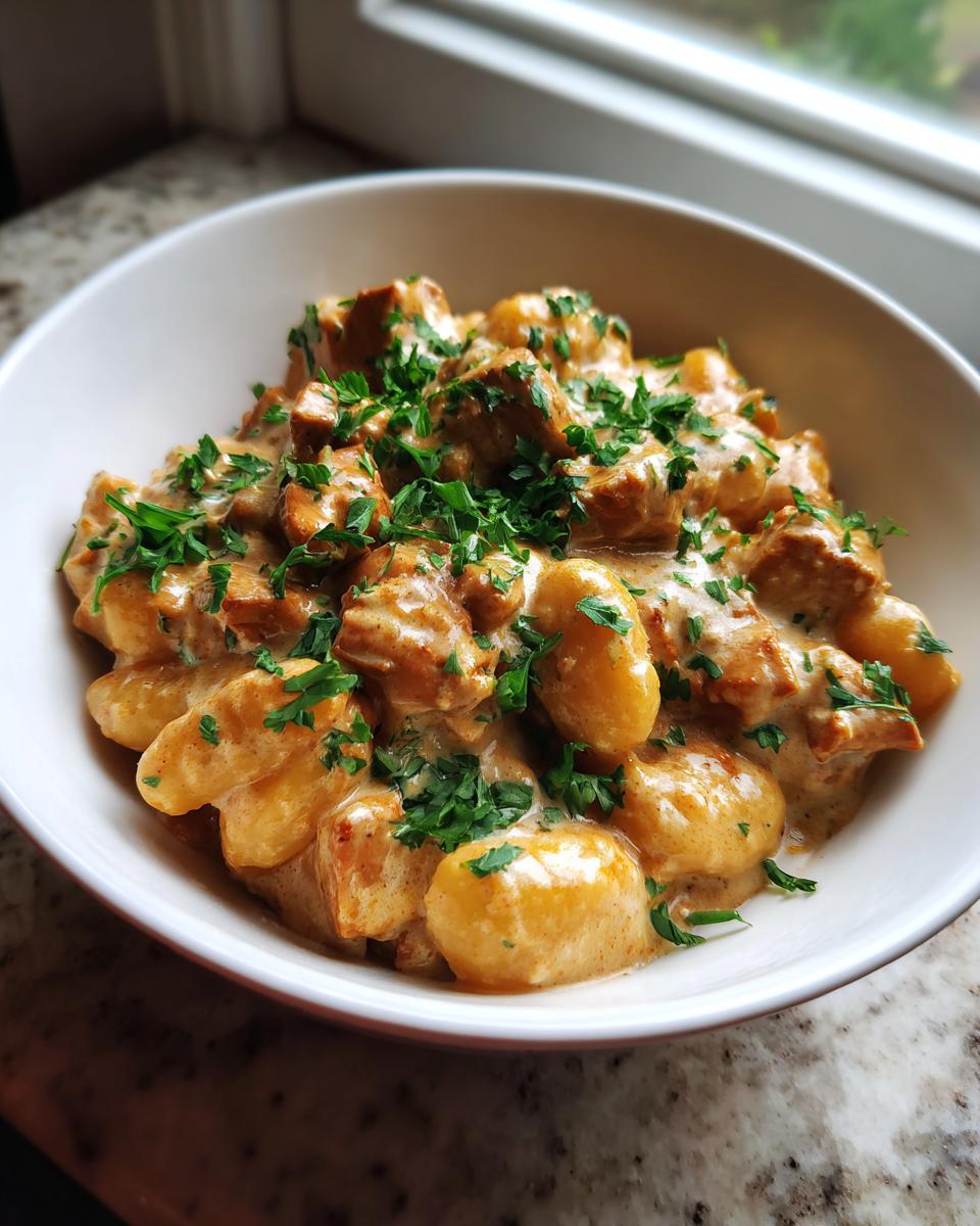 Close-up of Gnocchi z Kurczakiem in a creamy sauce, topped generously with fresh chopped parsley.