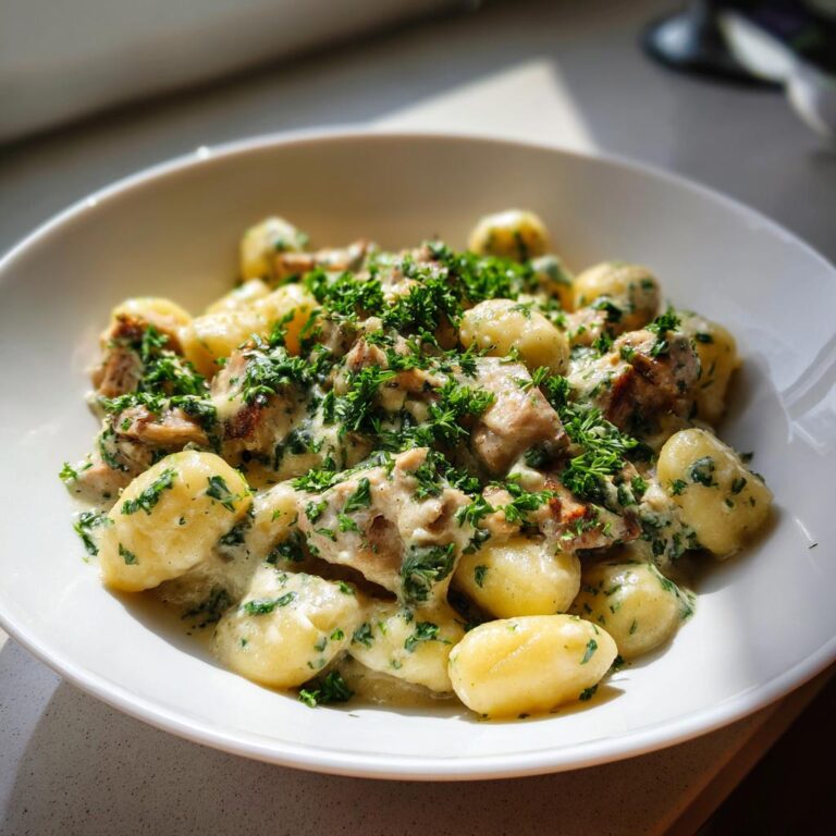 Close-up of Gnocchi z Kurczakiem served in a creamy sauce and generously topped with fresh parsley.