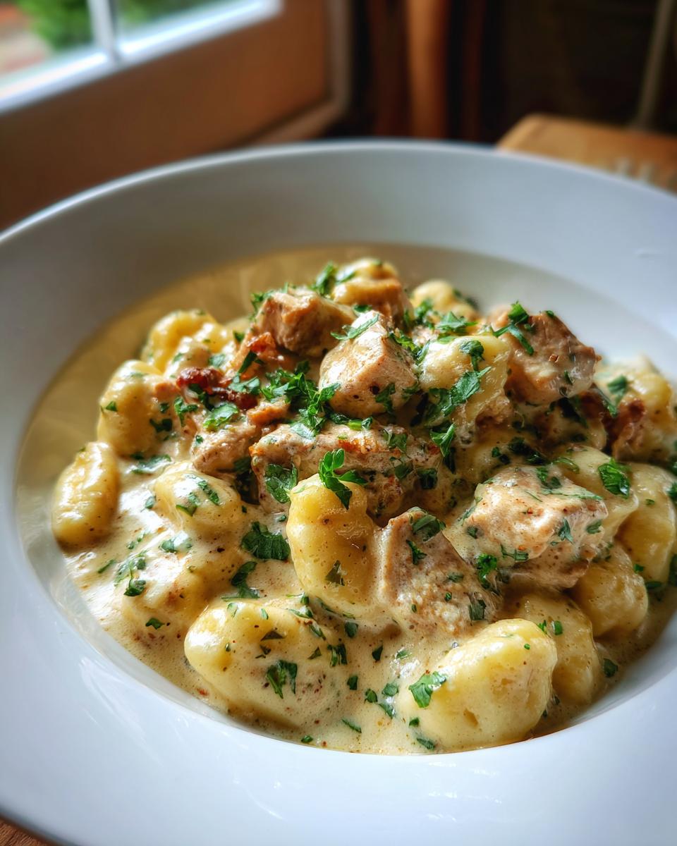 Close-up of Gnocchi z Kurczakiem served in a creamy sauce and garnished with fresh parsley.