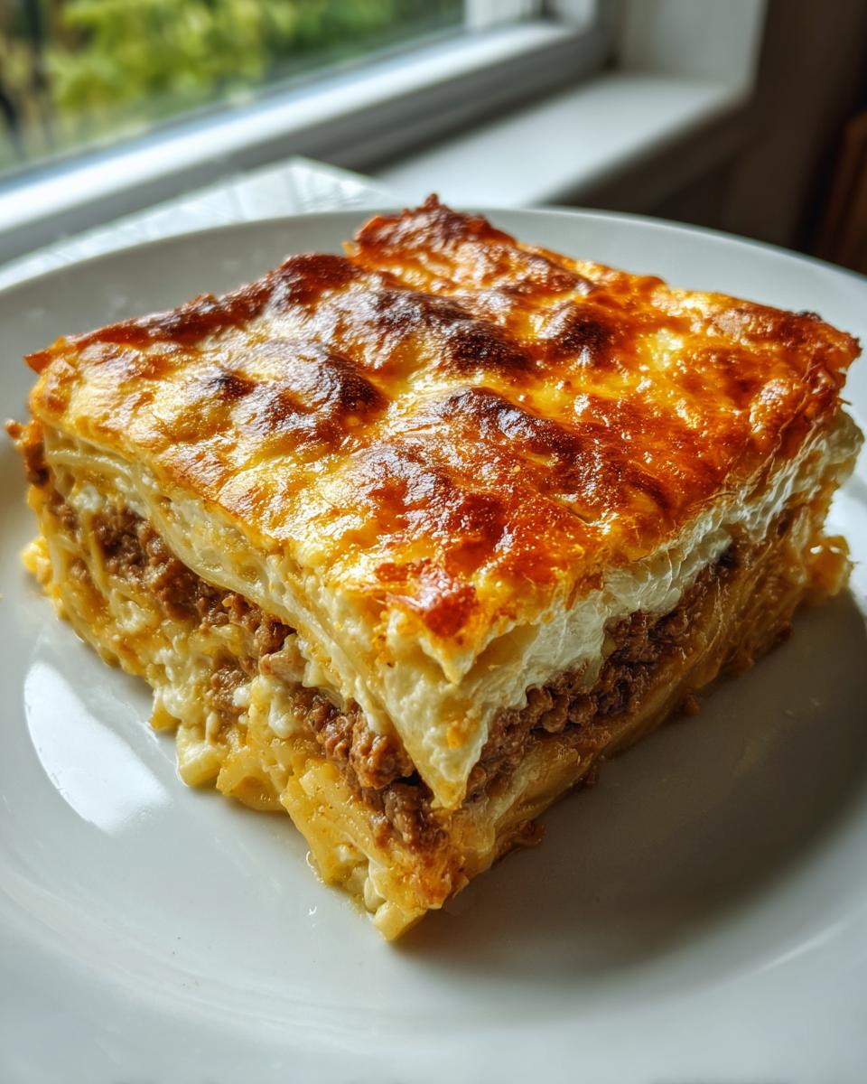 Eine goldbraun gebackene Portion Griechischer Nudelauflauf mit Hackfleisch und cremiger Béchamelschicht auf einem weißen Teller.