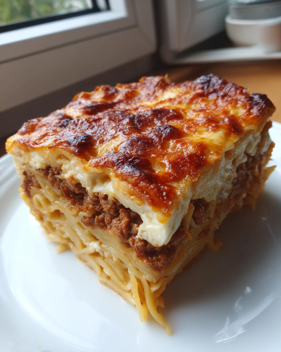 Ein großes Stück Griechischer Nudelauflauf mit goldbraun überbackener Béchamelschicht auf einem weißen Teller.