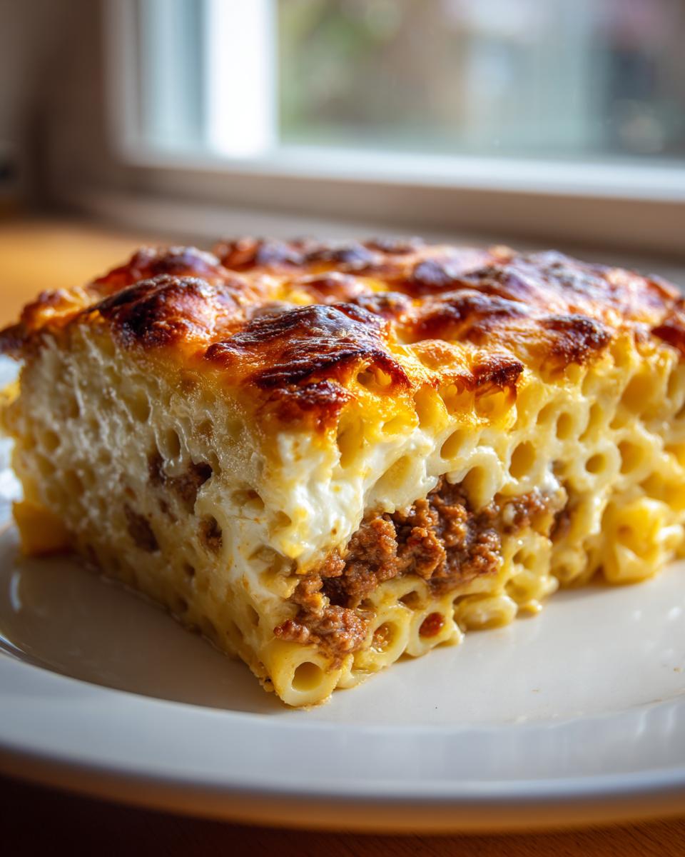 Ein saftiges Stück Griechischer Nudelauflauf mit goldbraun überbackener Käsekruste und Hackfleischfüllung.