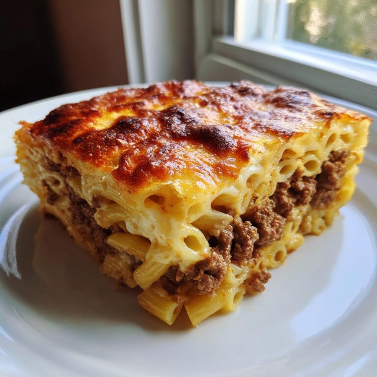 Ein großes, saftiges Stück Griechischer Nudelauflauf mit goldbraun gebackener Käsekruste auf einem weißen Teller.