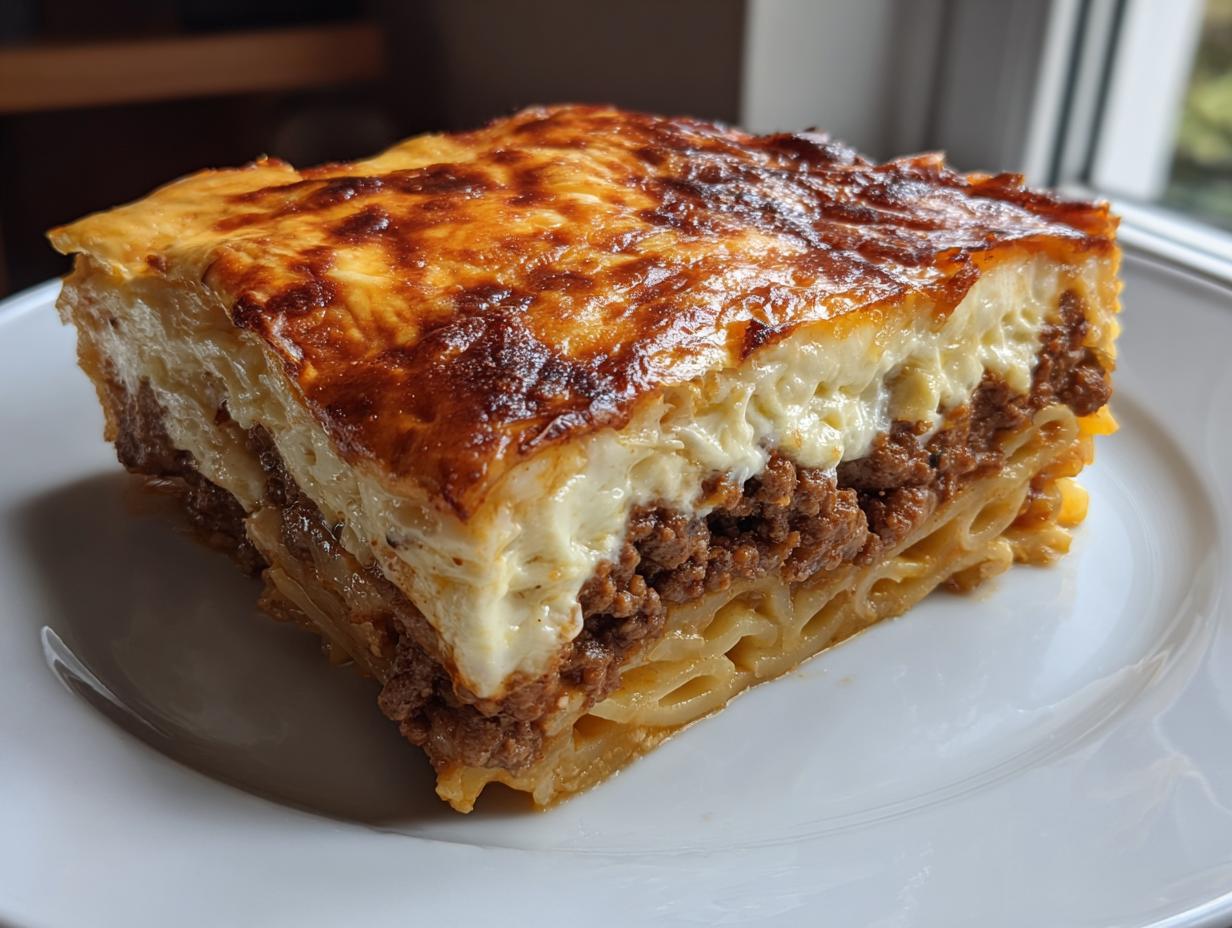 Ein großes, saftiges Stück Griechischer Nudelauflauf mit goldbraun gebackener Béchamelschicht auf einem weißen Teller.