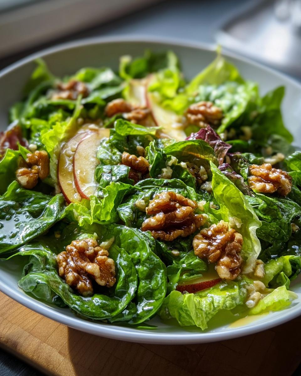 Nahaufnahme eines frischen Grüner Salat mit Walnuss-Topping, garniert mit Apfelscheiben und Dressing.