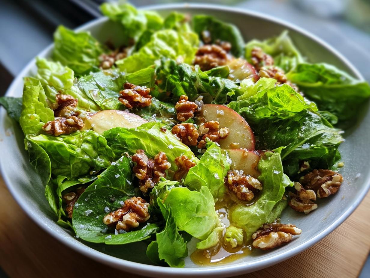 Nahaufnahme eines Grüner Salat mit Walnuss-Topping, garniert mit Apfelscheiben und Dressing.