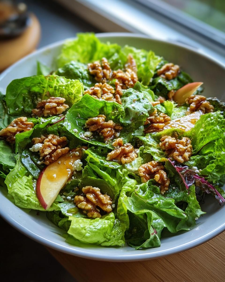 Schüssel mit frischem Grüner Salat mit Walnuss-Topping, Apfelscheiben und Käse.