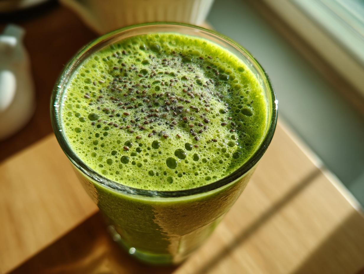 Nahaufnahme eines grünen SUPERDRINK ZUM ABNEHMEN mit schaumiger Oberfläche und Chiasamen.