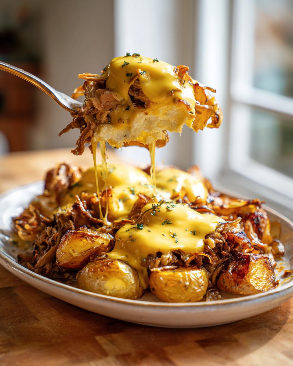 Eine Gabel hebt eine Portion Gyrosauflauf mit Hollandaise und Kartoffeln von einem Teller hoch.