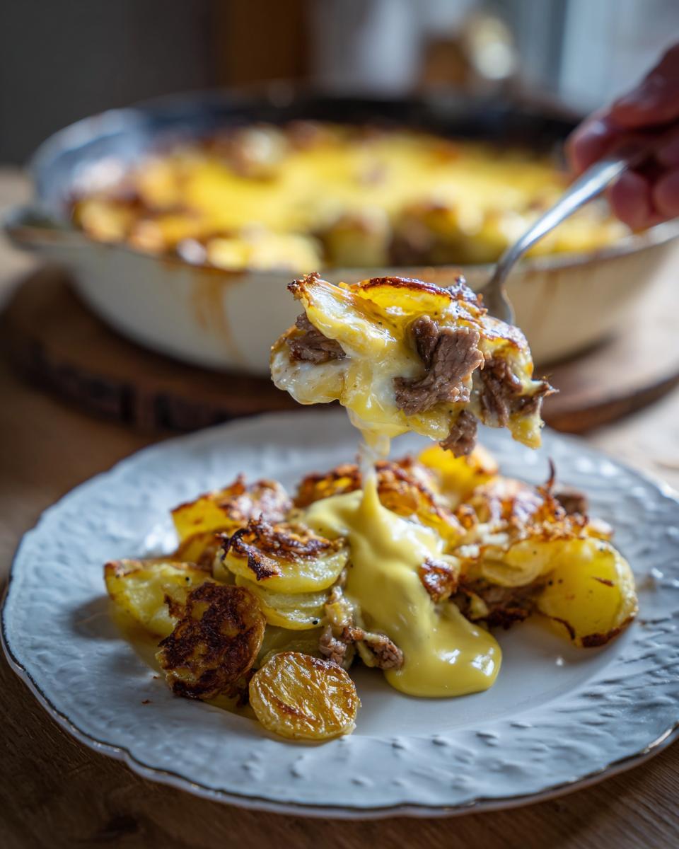 Eine Gabel mit einer Portion Gyrosauflauf mit Hollandaise wird über einen Teller mit weiteren Auflaufstücken gehoben.