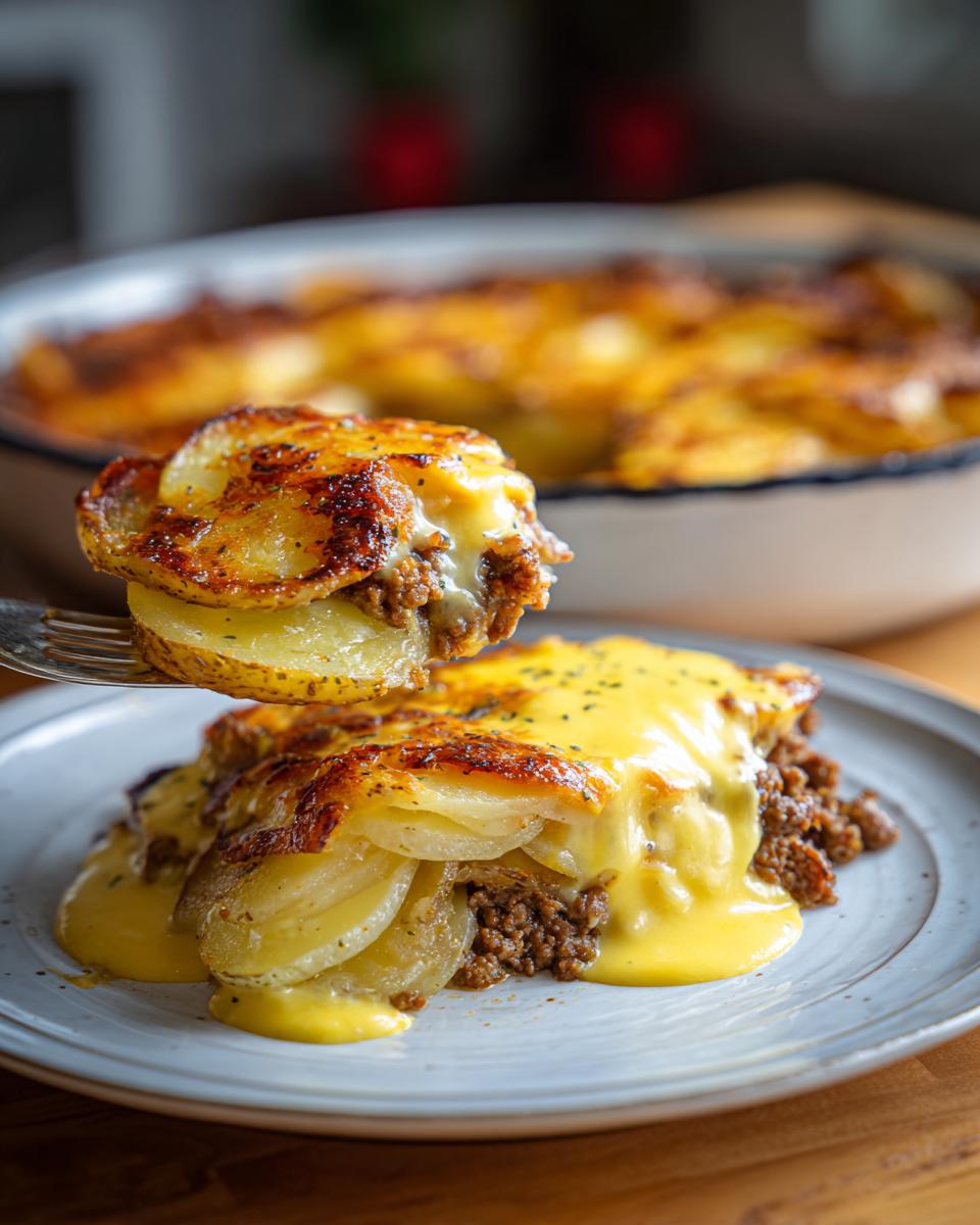 Ein Stück Gyrosauflauf mit Hollandaise, bestehend aus Kartoffelschichten, Hackfleisch und cremiger Sauce, wird mit einer Gabel angehoben.
