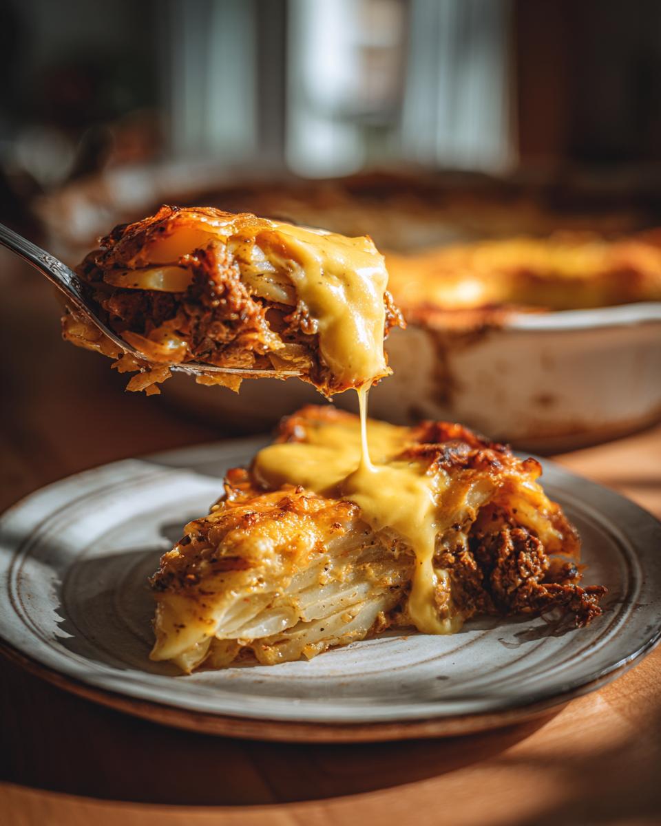 Eine Portion Gyrosauflauf mit Hollandaise wird mit einem Löffel aus der Auflaufform gehoben und auf einen Teller gelegt.