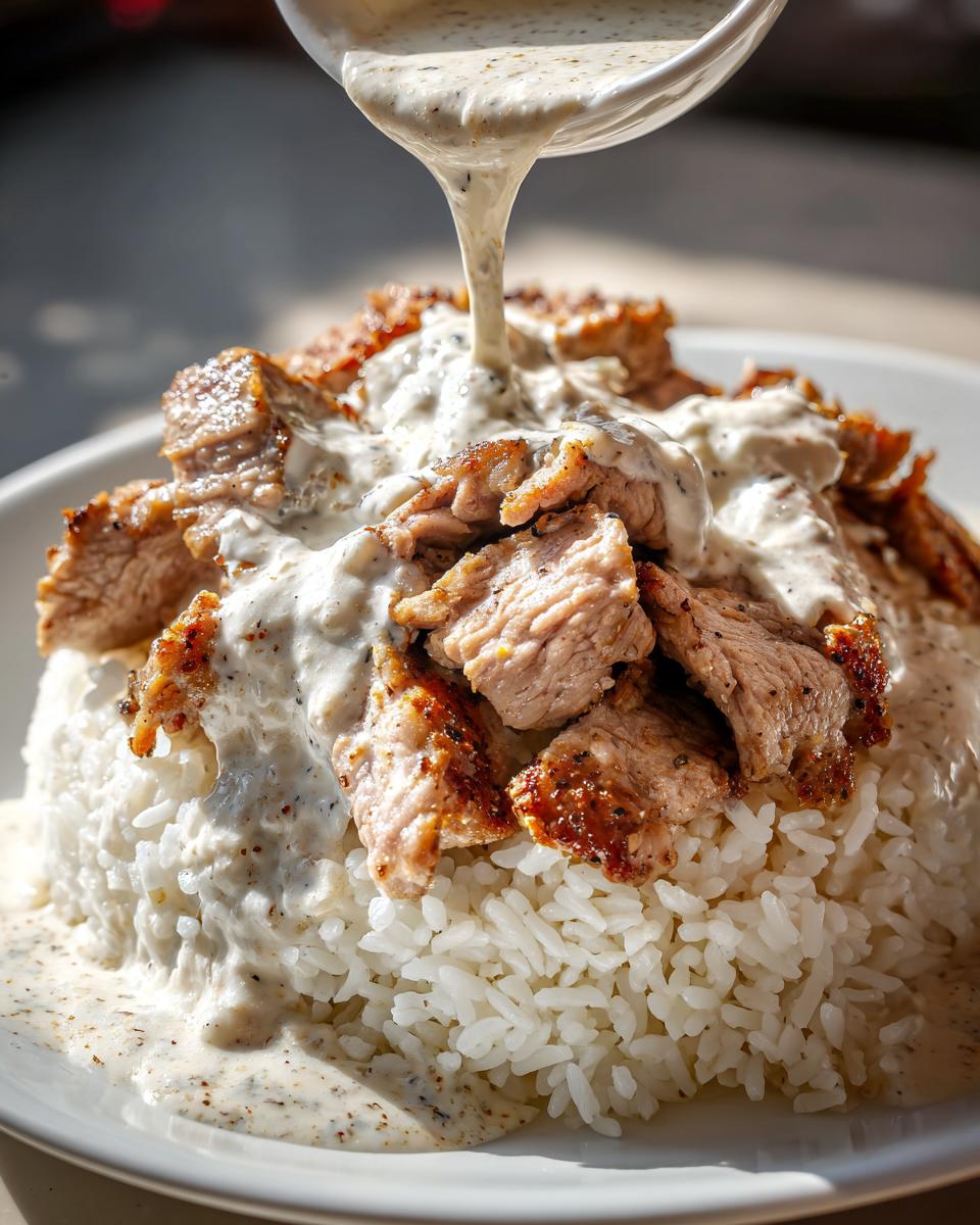 Nahaufnahme von Gyrosgeschnetzeltes in Schmandsoße mit Reis, wobei die cremige Soße gerade darüber gegossen wird.