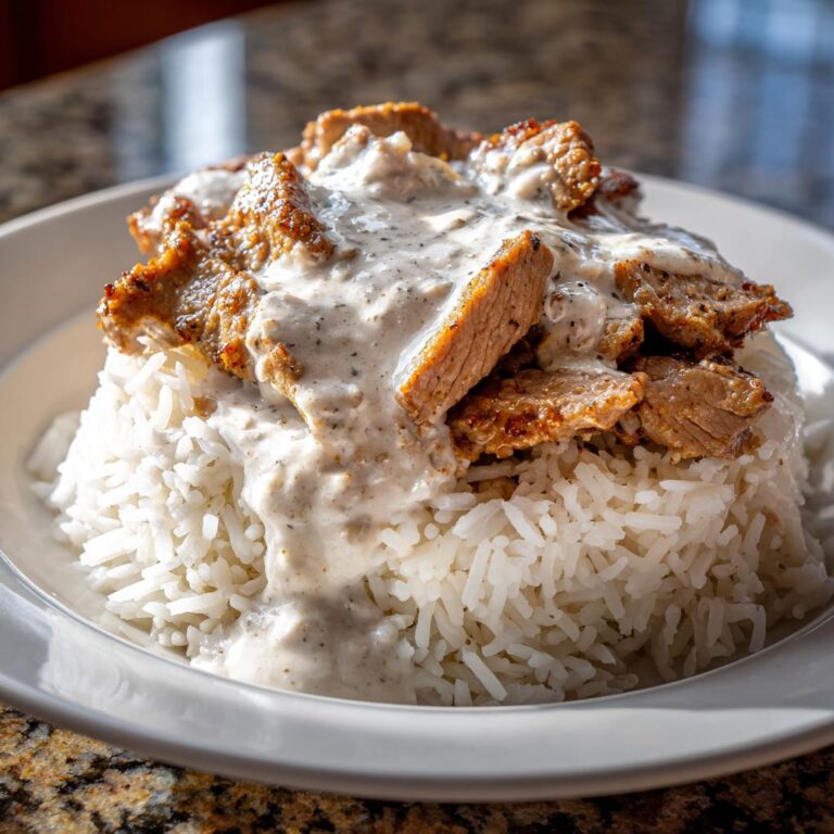 Nahaufnahme von Gyrosgeschnetzeltes in Schmandsoße, serviert auf einem Berg lockerem Reis in einem weißen Teller.