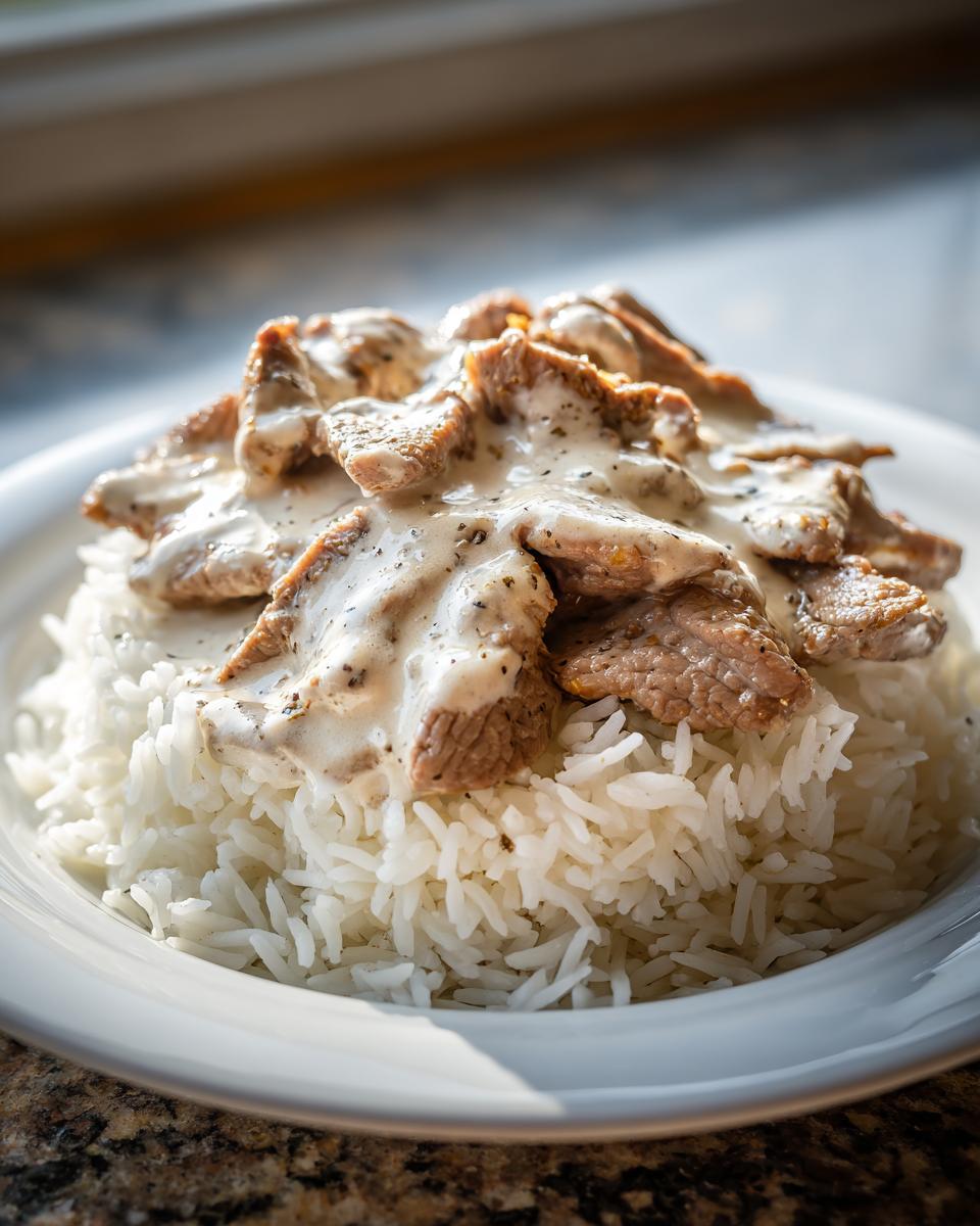 Teller mit Gyrosgeschnetzeltes in Schmandsoße serviert auf lockerem Reis.