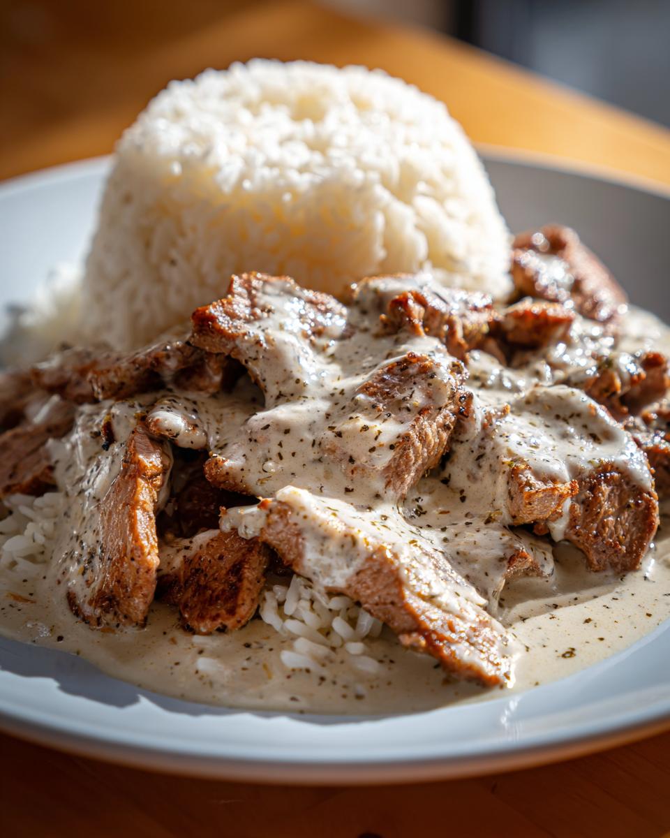 Teller mit Gyrosgeschnetzeltes in Schmandsoße und einer Portion Reis.