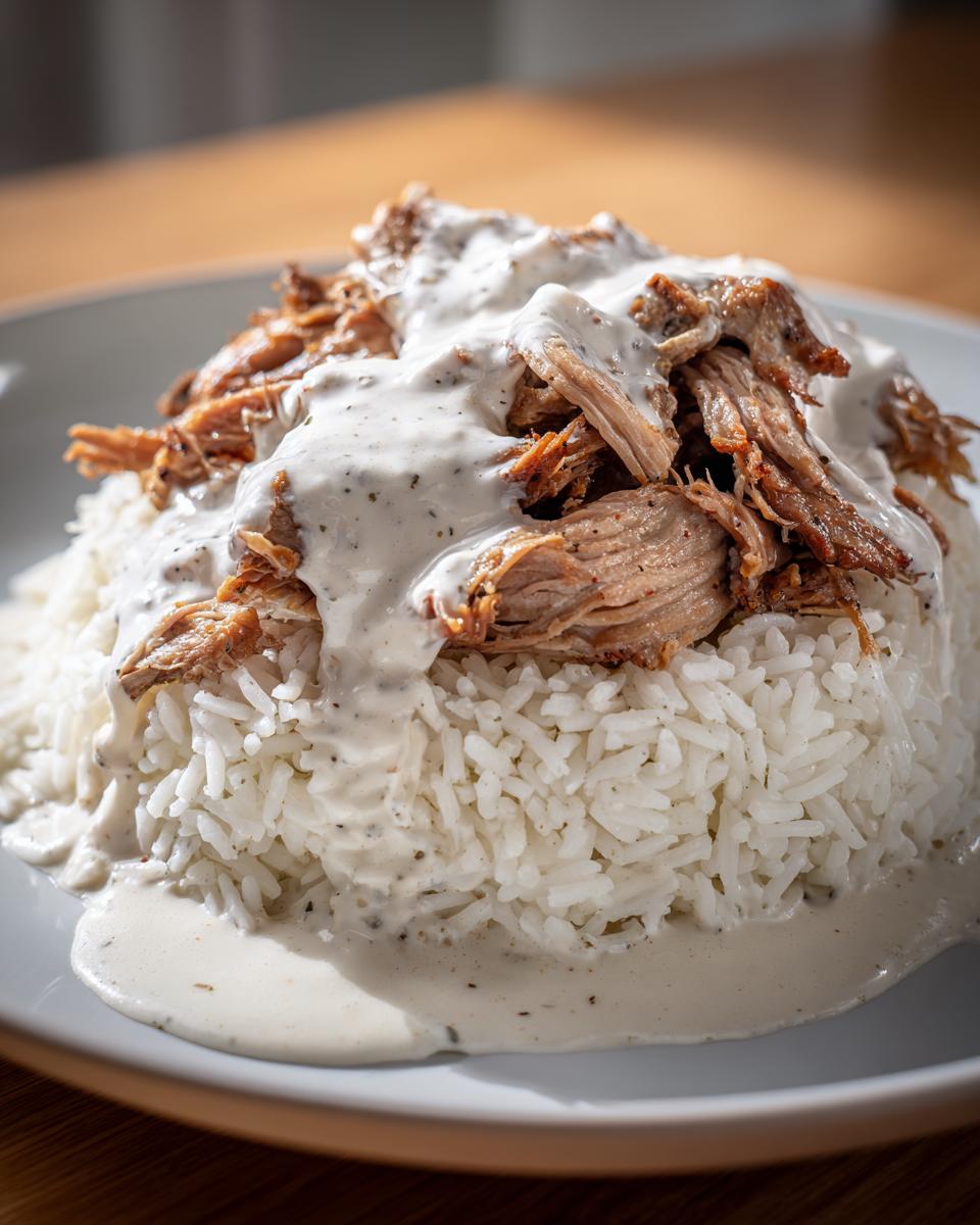 Ein Teller mit lockerem Reis, bedeckt mit saftigem Gyrosgeschnetzeltes in Schmandsoße.