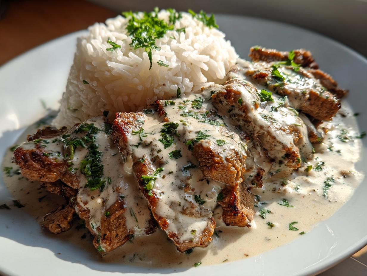 Teller mit Gyrosgeschnetzeltes in Schmandsoße und einer Portion Reis, garniert mit Petersilie.