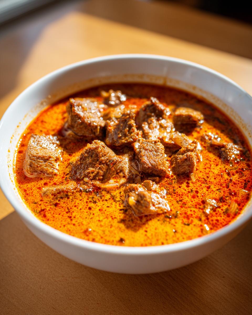 Nahaufnahme einer Schüssel mit reichhaltiger, orangeroter Gyrossuppe ganz einfach, gefüllt mit Fleischstücken.