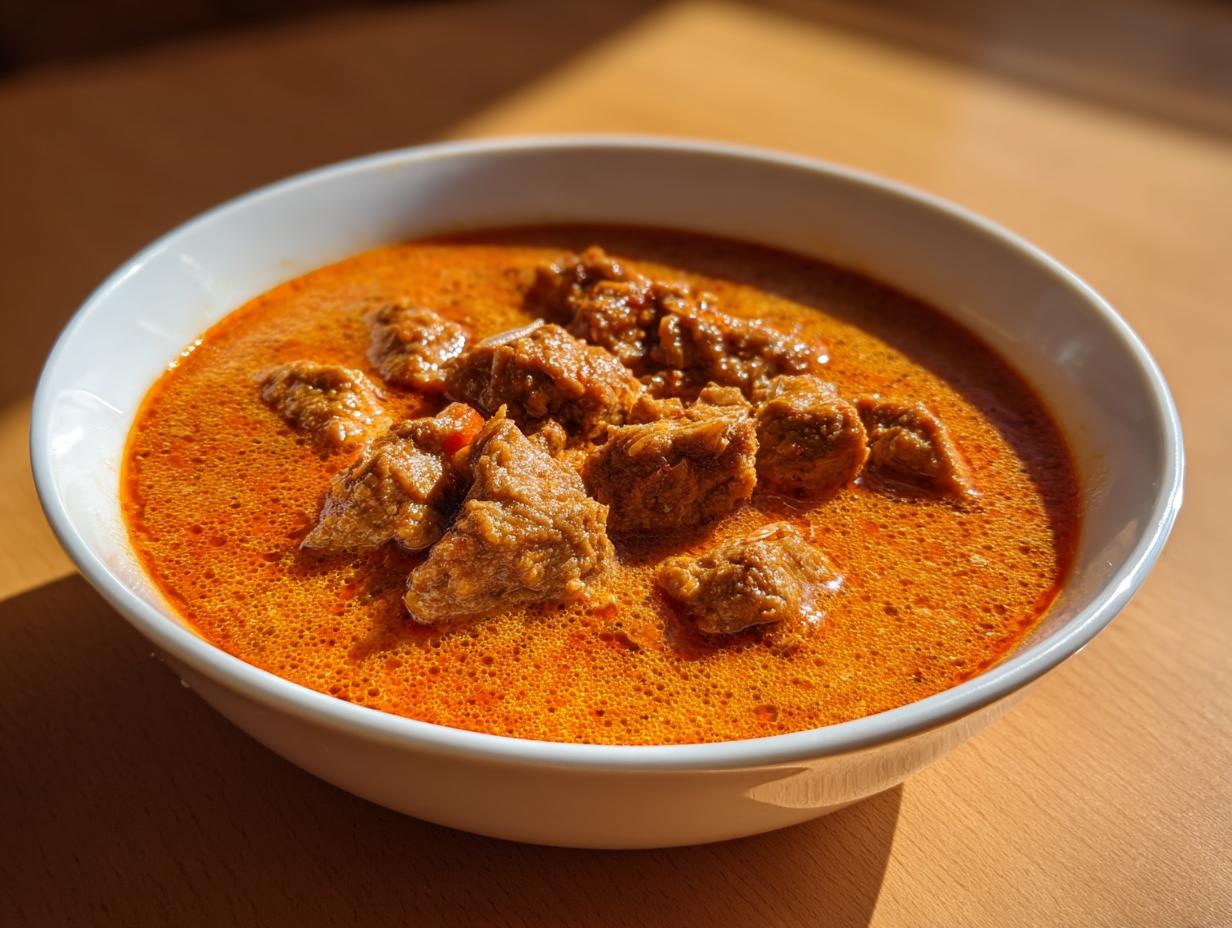Eine Schüssel mit cremiger, oranger Gyrossuppe ganz einfach, gefüllt mit Fleischstücken, im Sonnenlicht.