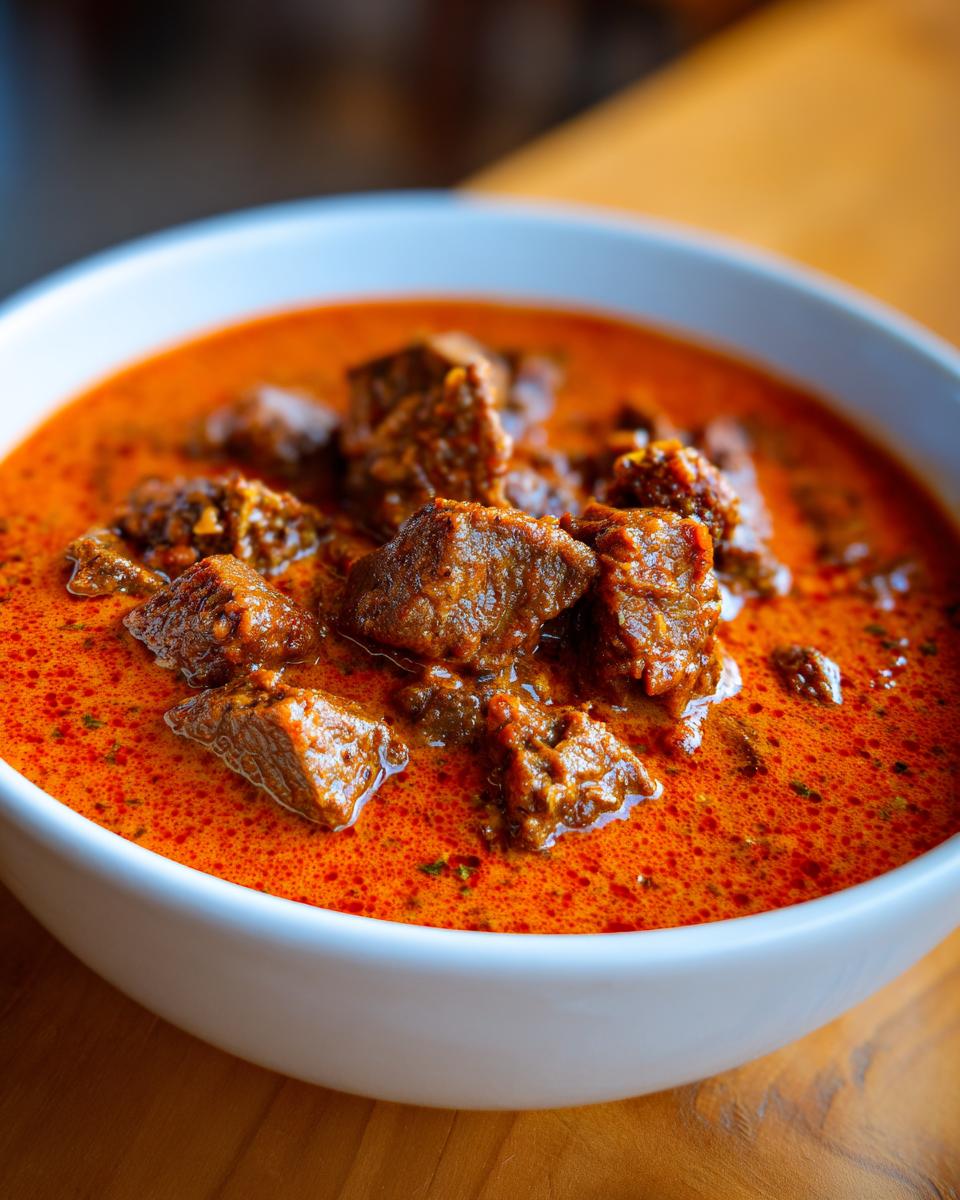 Nahaufnahme einer weißen Schüssel gefüllt mit würziger, roter Gyrossuppe und großen Fleischstücken, ideal für Gyrossuppe ganz einfach.