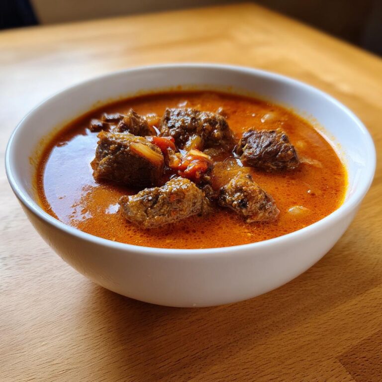 Nahaufnahme einer weißen Schüssel gefüllt mit herzhafter Gyrossuppe ganz einfach mit Fleischstücken in einer roten Brühe.