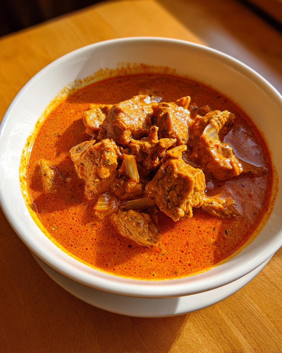 Nahaufnahme einer Schüssel mit leuchtend oranger Gyrossuppe ganz einfach, gefüllt mit Fleischstücken.