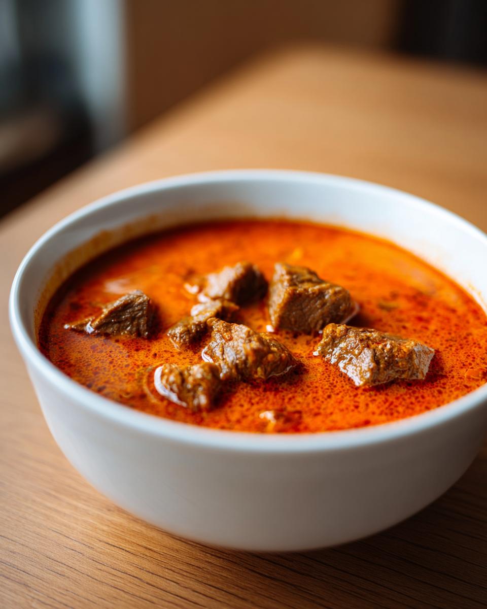 Eine weiße Schüssel mit leuchtend oranger Gyrossuppe ganz einfach, gefüllt mit Fleischstücken.