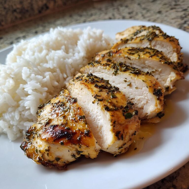 Geschnittenes, glasiertes Hähnchenbrustfilet mit Kräutern und weißem Reis, das Gericht, das man "Das konnte ich jede Woche essen" könnte.